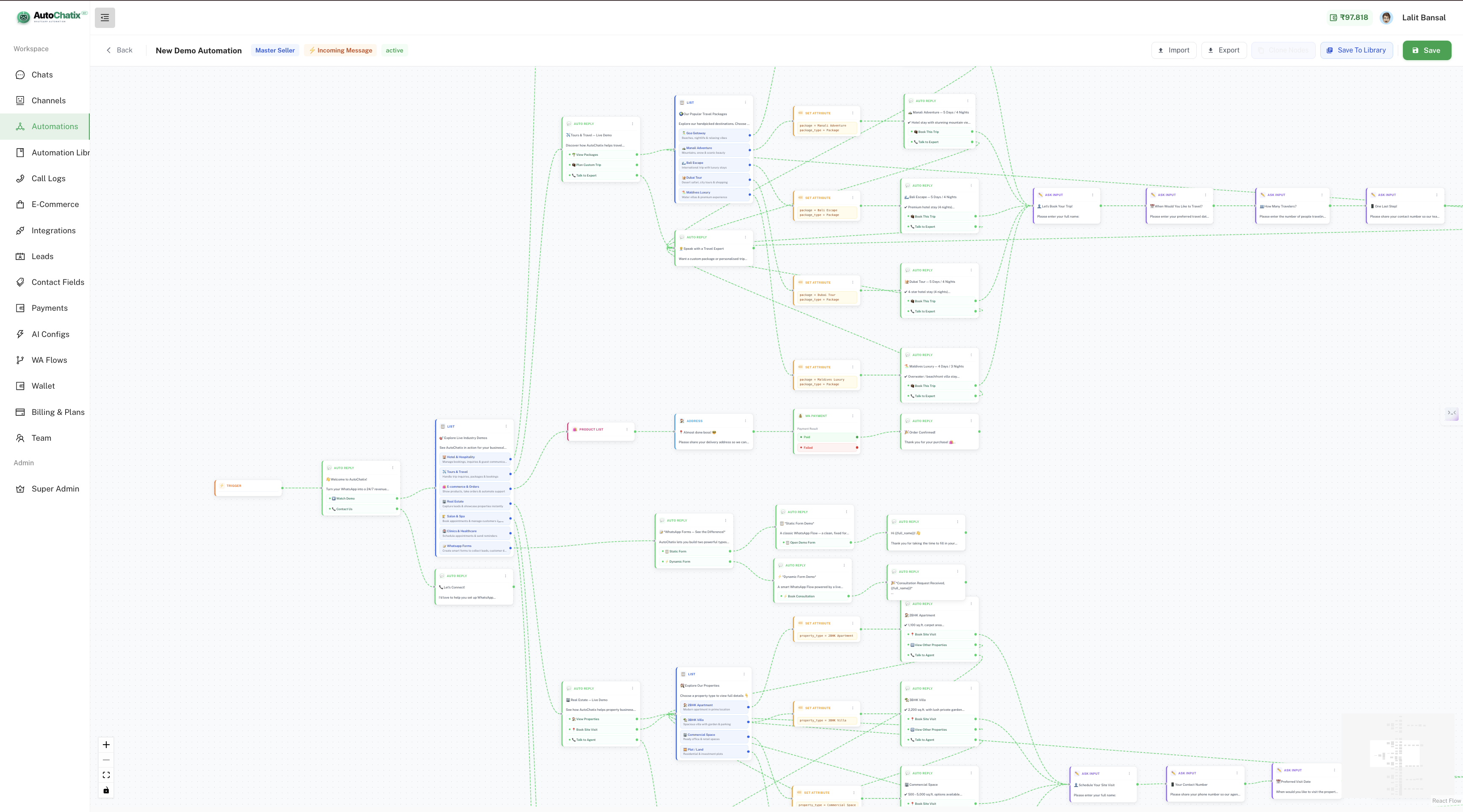 Autochatix visual flow builder — complex automation flow with multiple nodes and branches